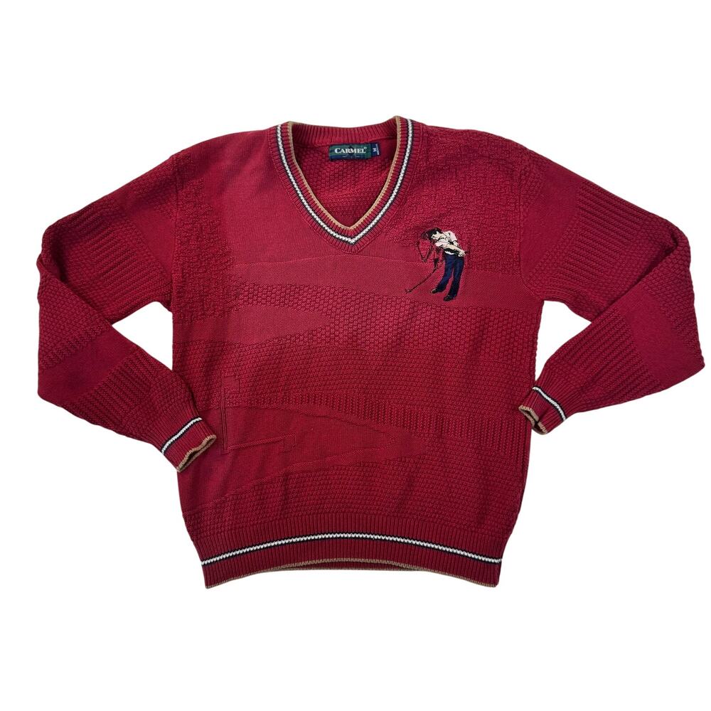 Vintage Golf Sweater Burgundy Red Knit V-Neck Embroidered Cotton USA Made Medium - Picture 2 of 13